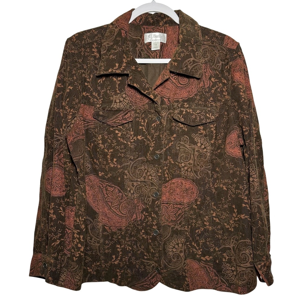 CJ Banks Women's Boho Brown Paisley Corduroy Button Up Shirt Jacket 1X